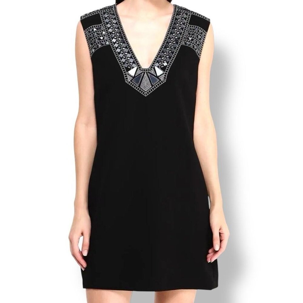 BCBGMAXAZRIA Black Beaded Sequin V-Neck Mini Dress Cocktail Party‎ Size Large